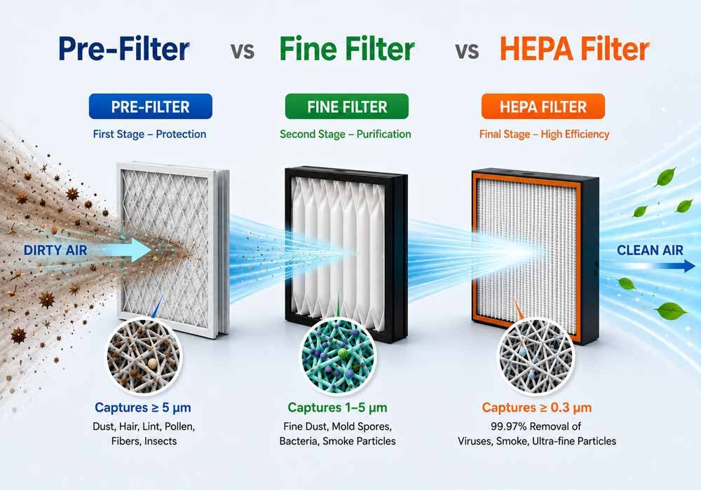 differences between pre-filter, fine-filter, and-HEPA filter